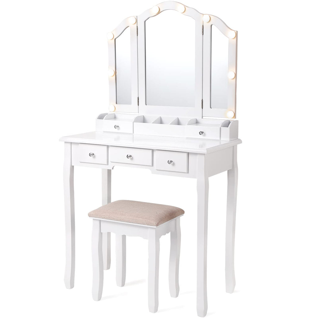 White Makeup Vanity Desk with Mirror and Chair B312395