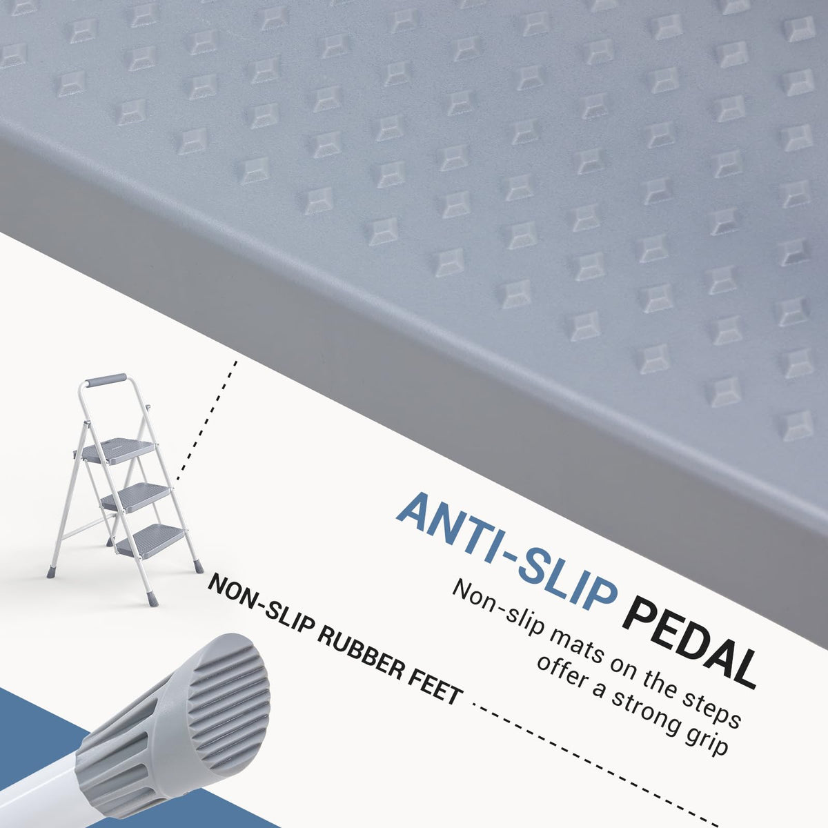 3 Step Ladder with Anti-Slip Pedal and Handrail, 800lbs, Grey D7753