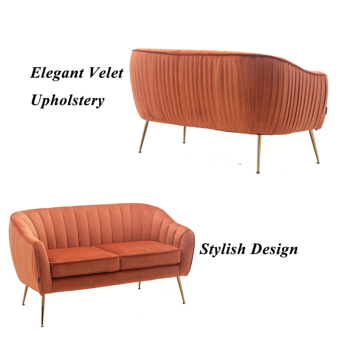 Tufted Velvet Barrel Loveseat Sofa with Golden Metal Legs X509