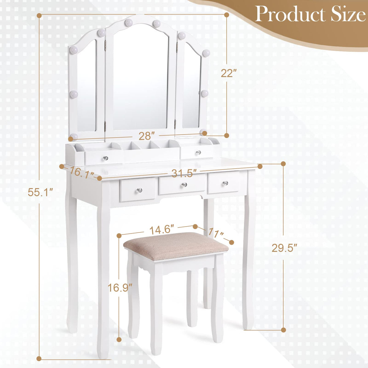 White Makeup Vanity Desk with Mirror and Chair B312395