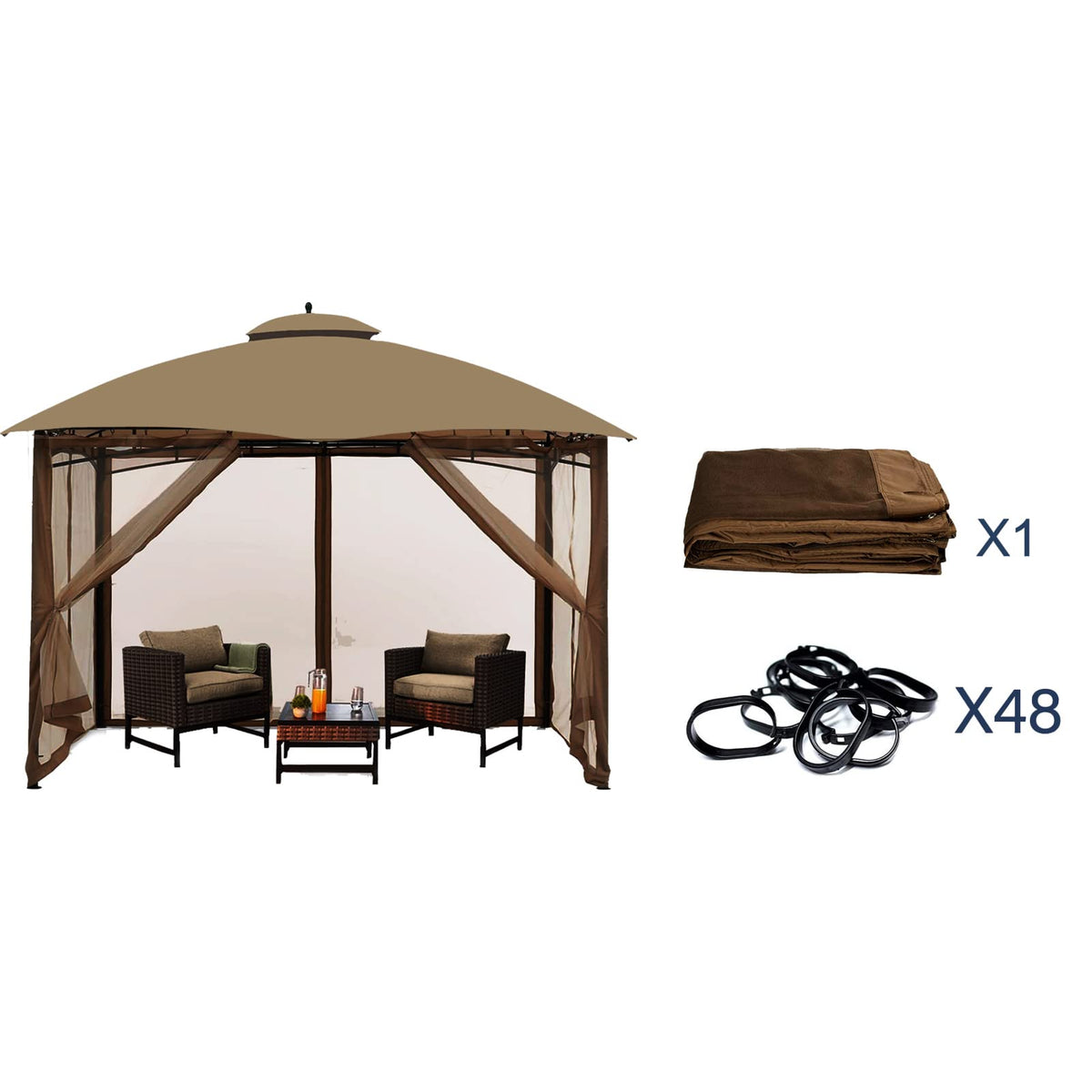 10' x 10' 4-Panel Mosquito Netting Sidewall Curtain with Zipper (Brown) R5460