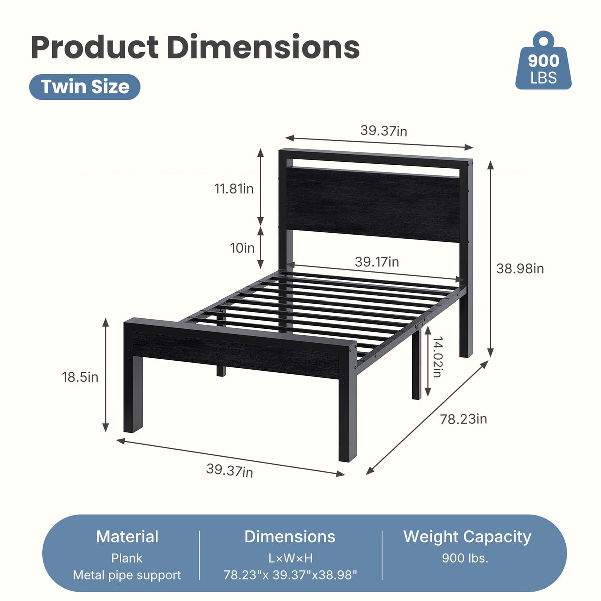 Black Twin Metal Bed Frame with Wooden Headboard and Footboard P4175