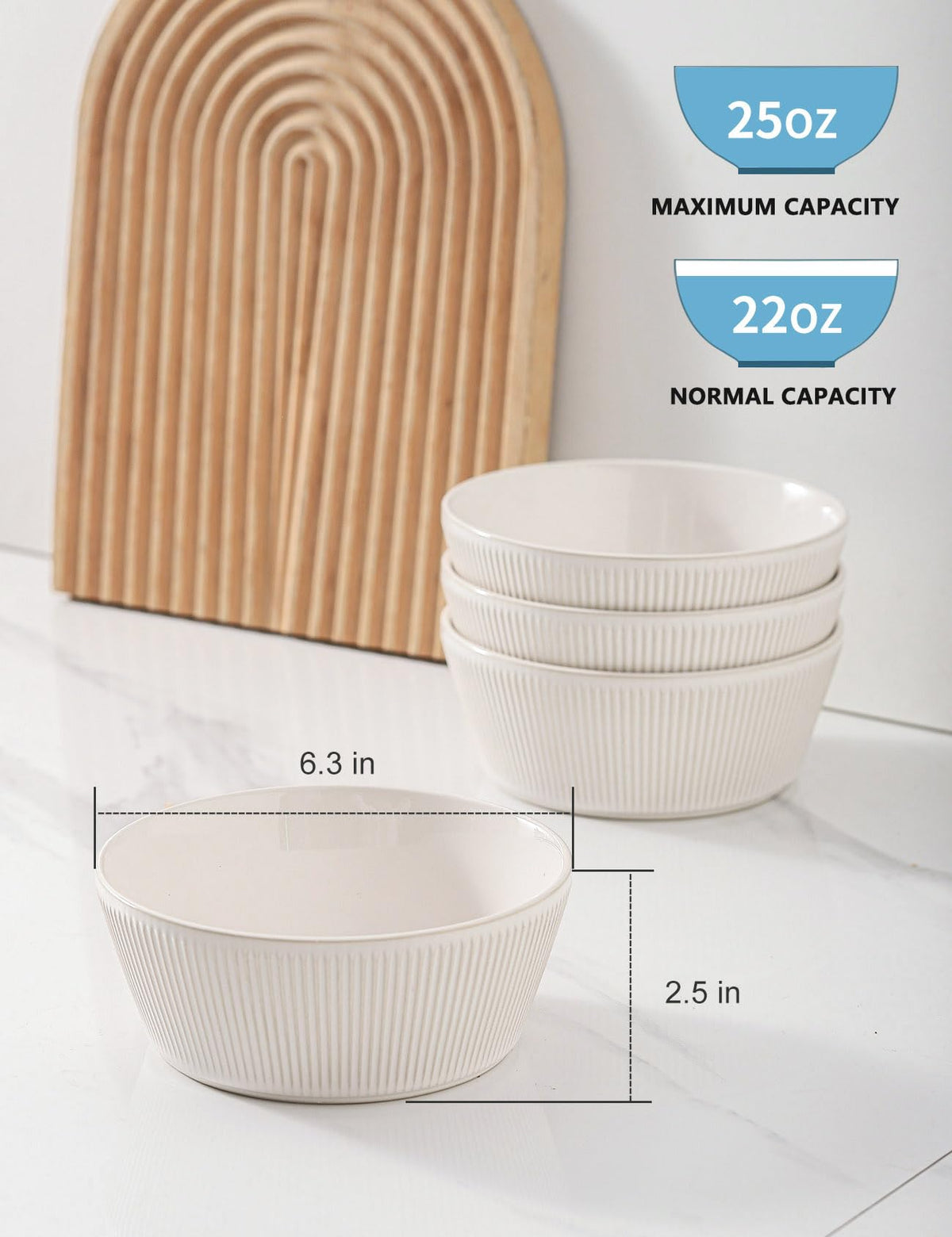 Ceramic Soup Bowls Set of 4, 6.3 inch Microwave Safe White O2451