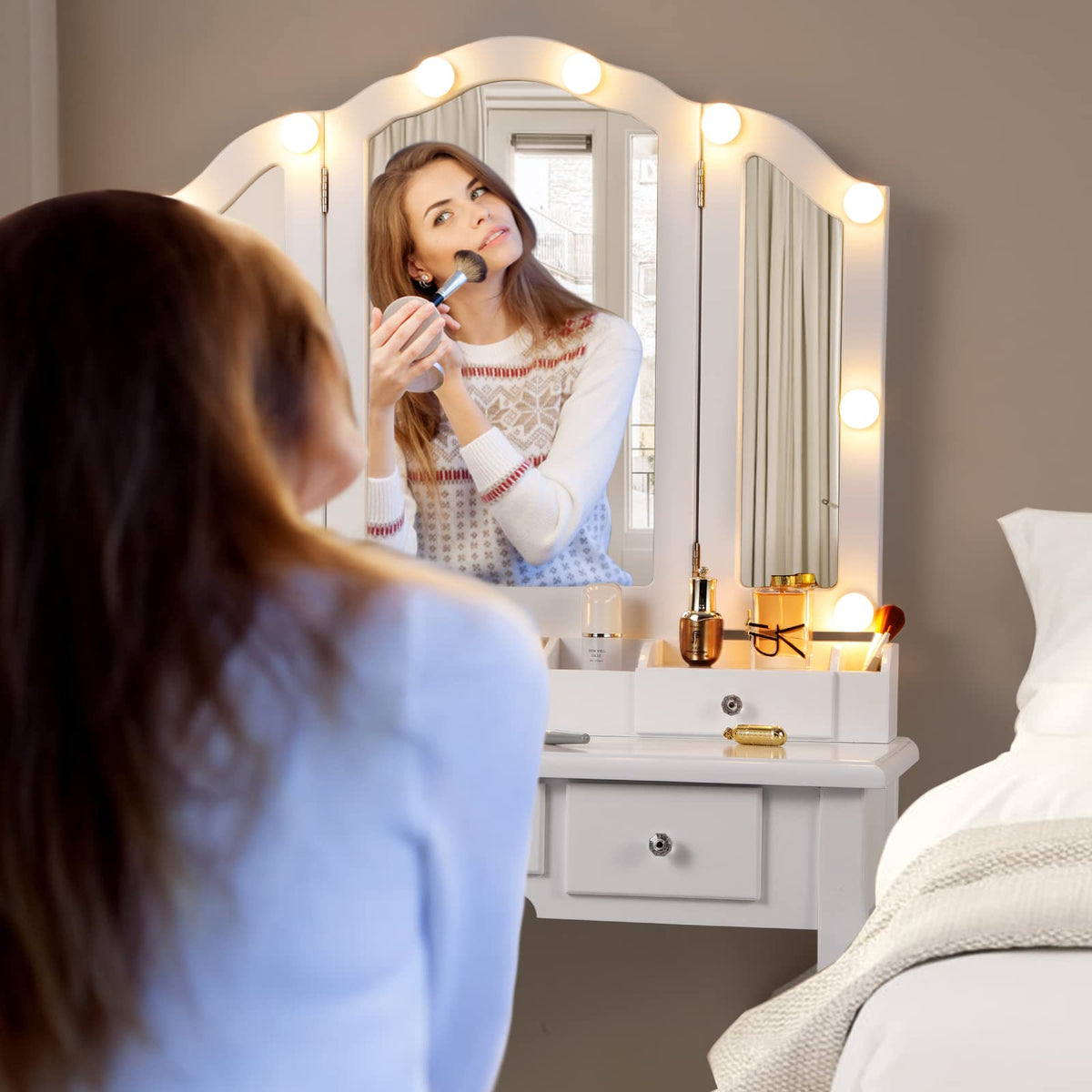 White Makeup Vanity Desk with Mirror and Chair B312395