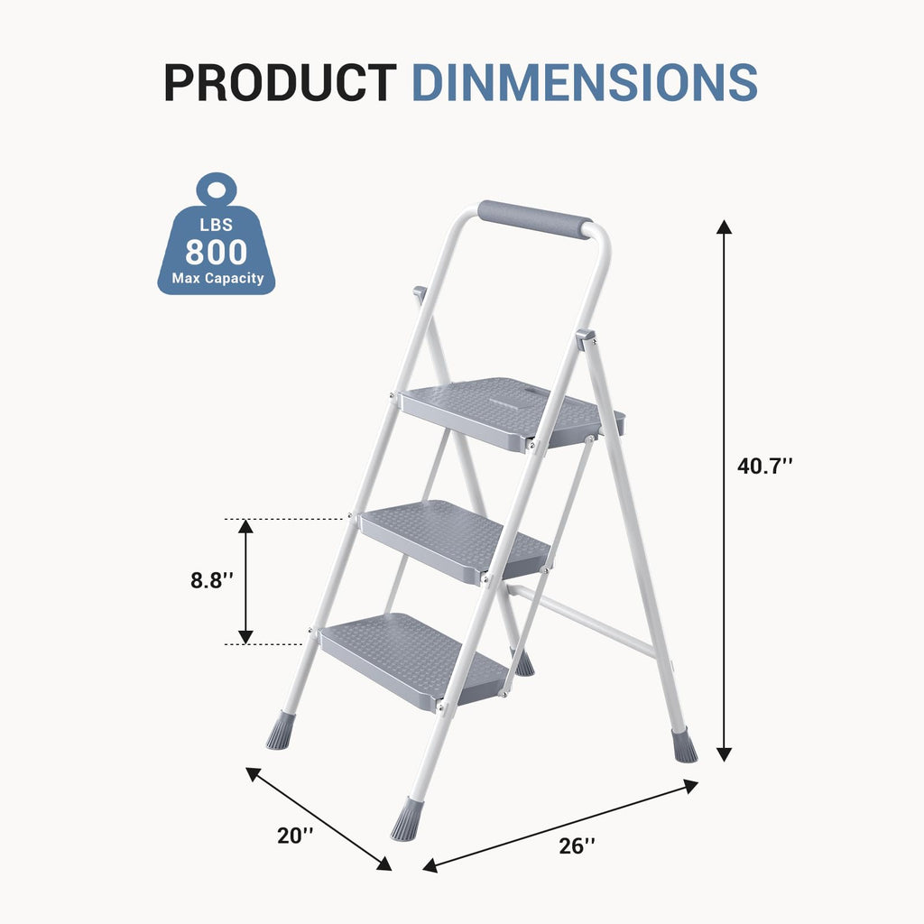 3 Step Ladder with Anti-Slip Pedal and Handrail, 800lbs, Grey D7753