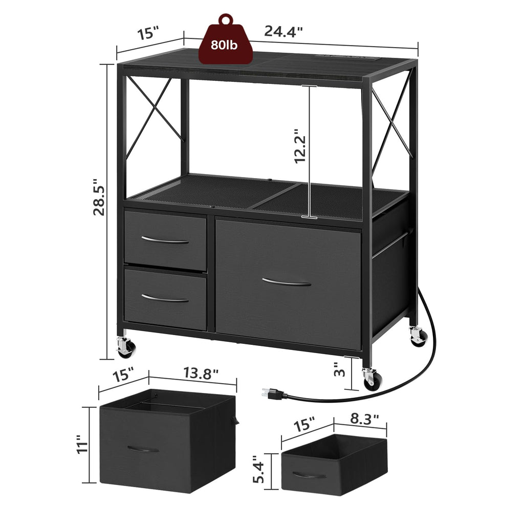Black 3 Drawer File Cabinet with Charging Station P3358