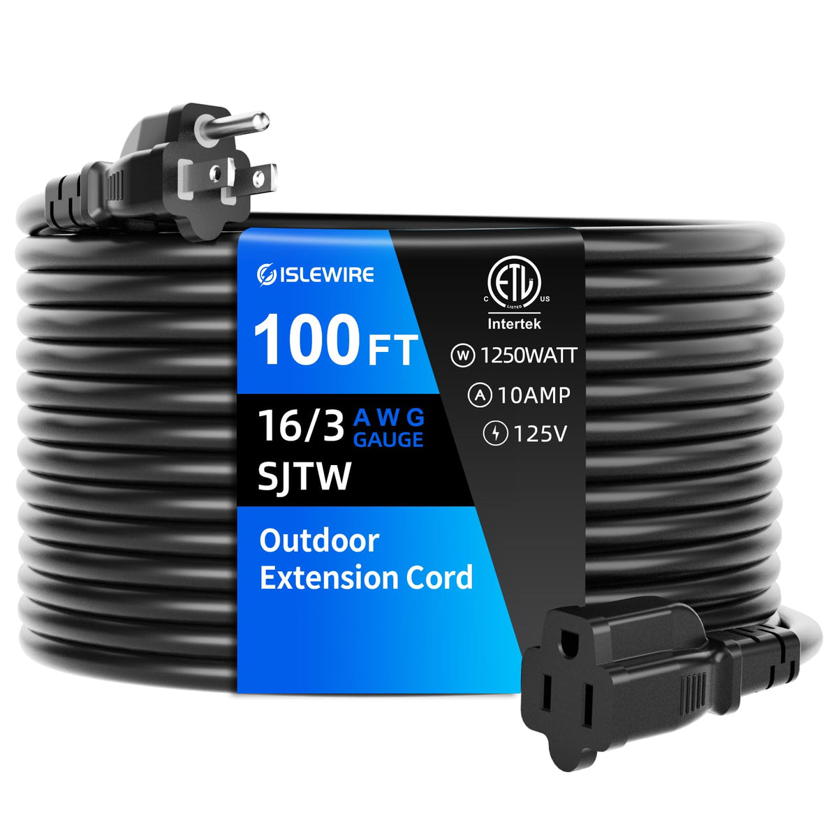 100 FT Waterproof Black 16 AWG Extension Cord F641