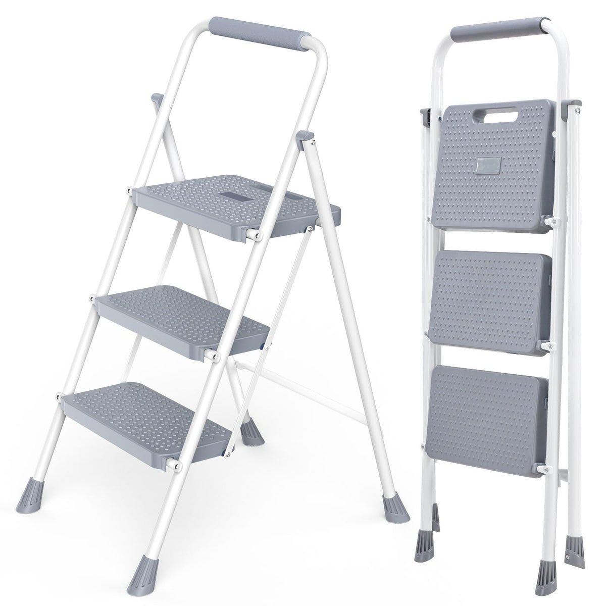 3 Step Ladder with Anti-Slip Pedal and Handrail, 800lbs, Grey D7753