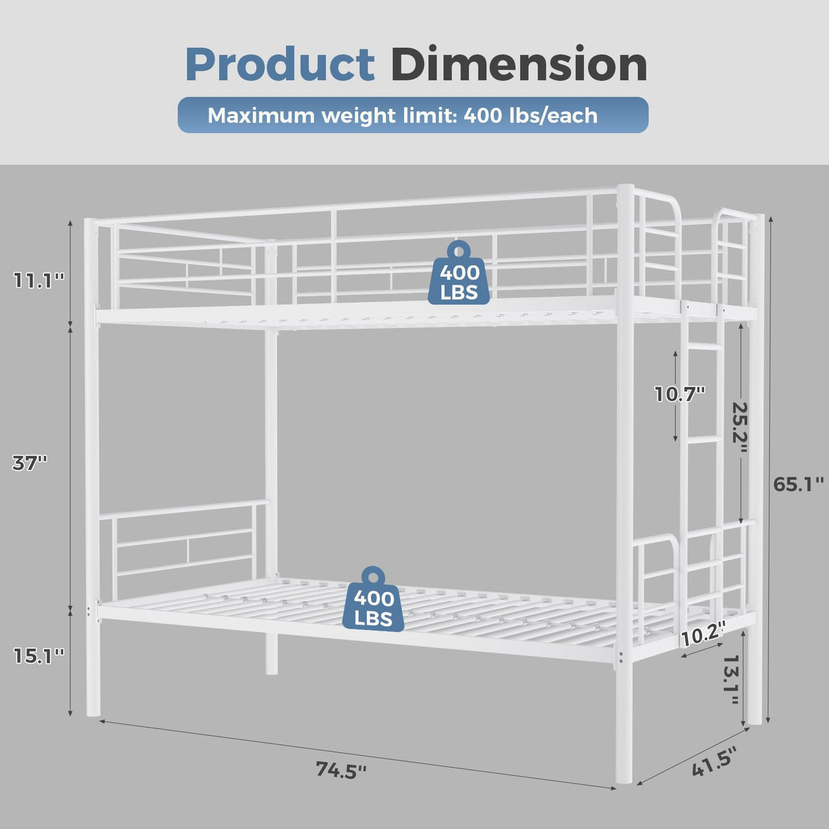 Metal Bunk Bed Twin Over Twin with Ladder and Guardrail D214660