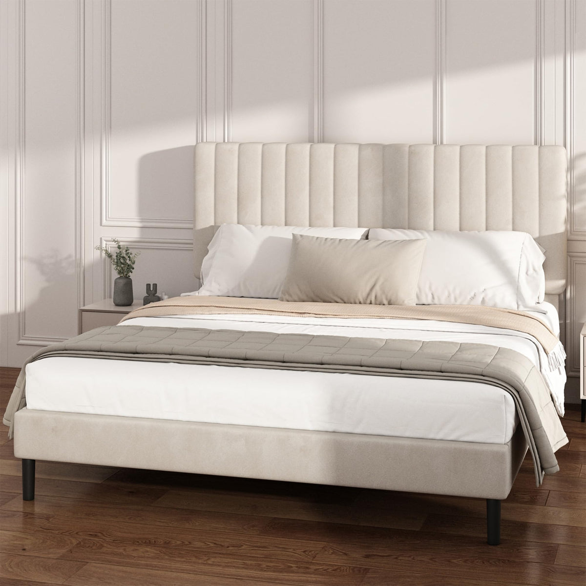 Beige Queen Velvet Bed Frame K53724
