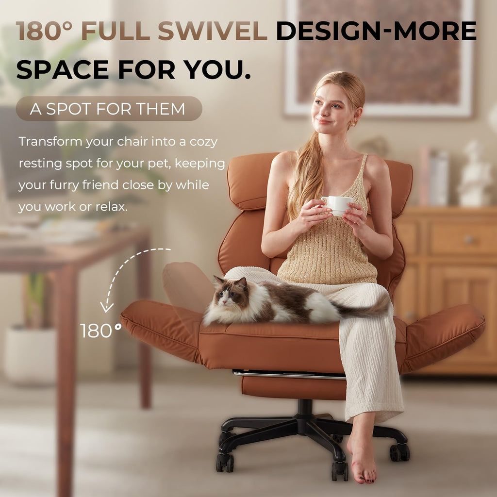 Brown Cross Legged Office Chair with Footrest and Metal Base J283