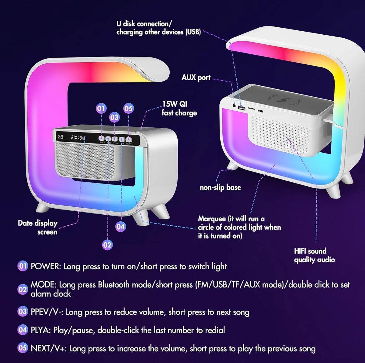 Table Lamp with Bluetooth Speaker, Wireless Charger, Alarm Clock M262