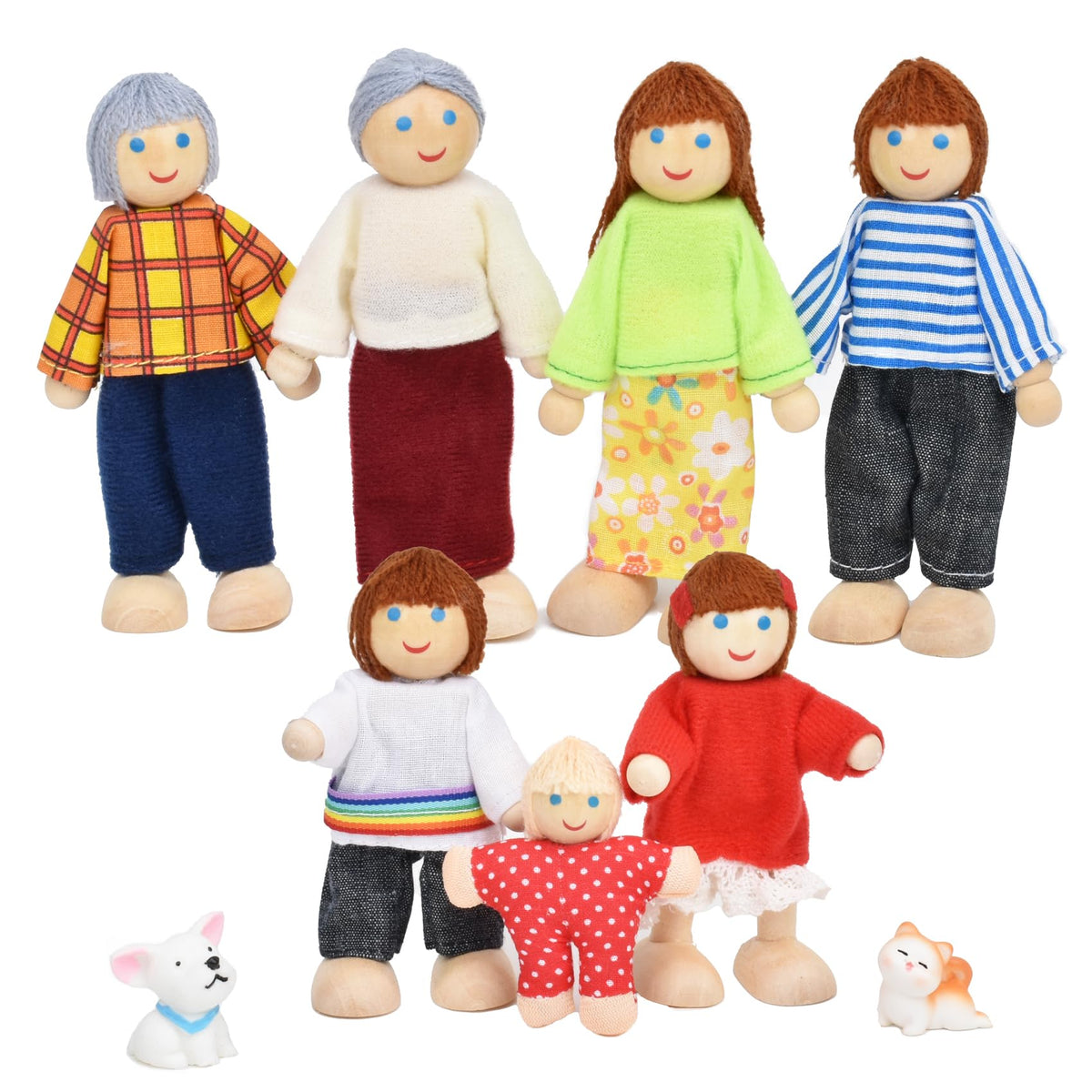 Wooden Dollhouse Dolls Family Set of 7 Miniature Figures and 2 Pets P919