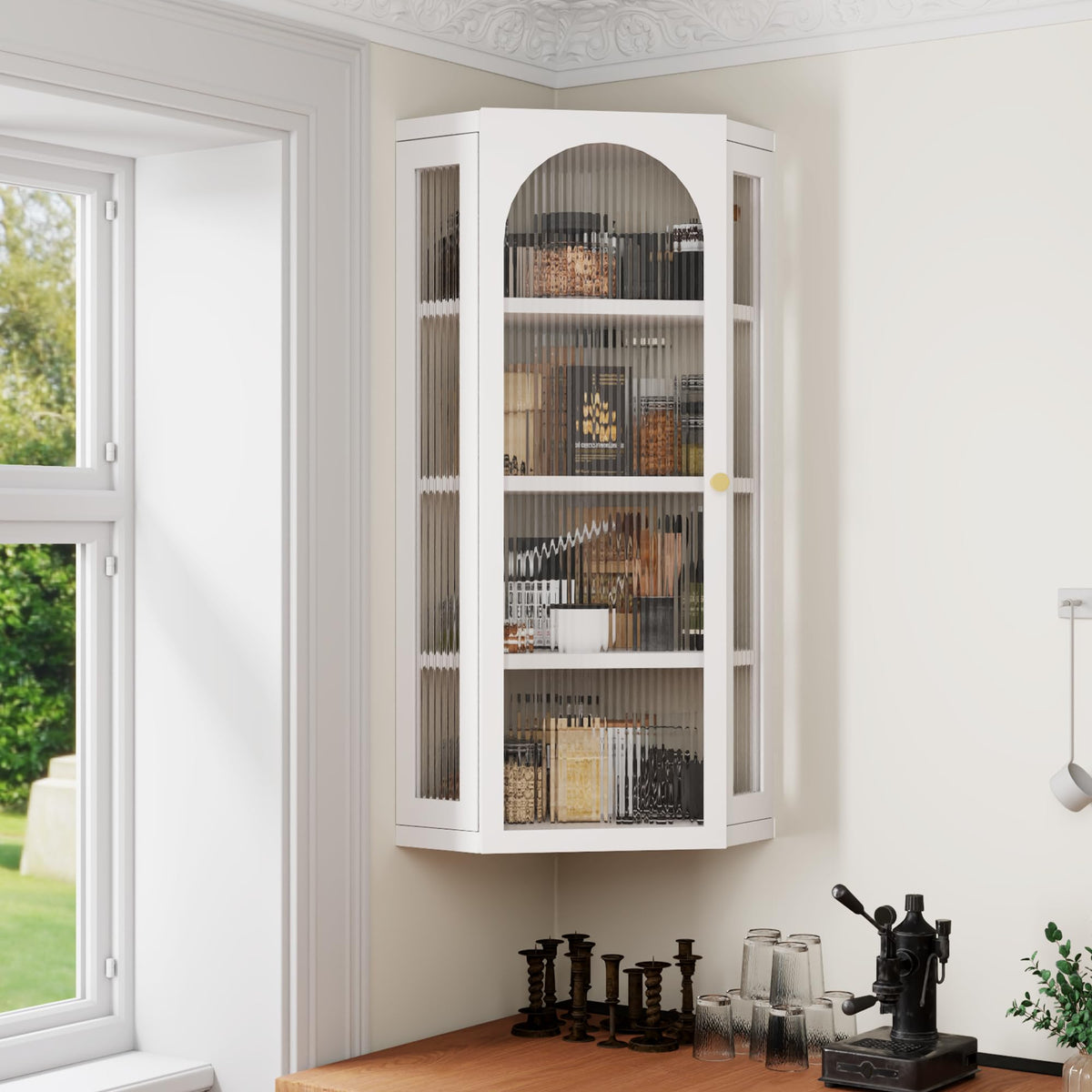 White Metal Corner Wall Cabinet with Glass Doors and Shelves N6426