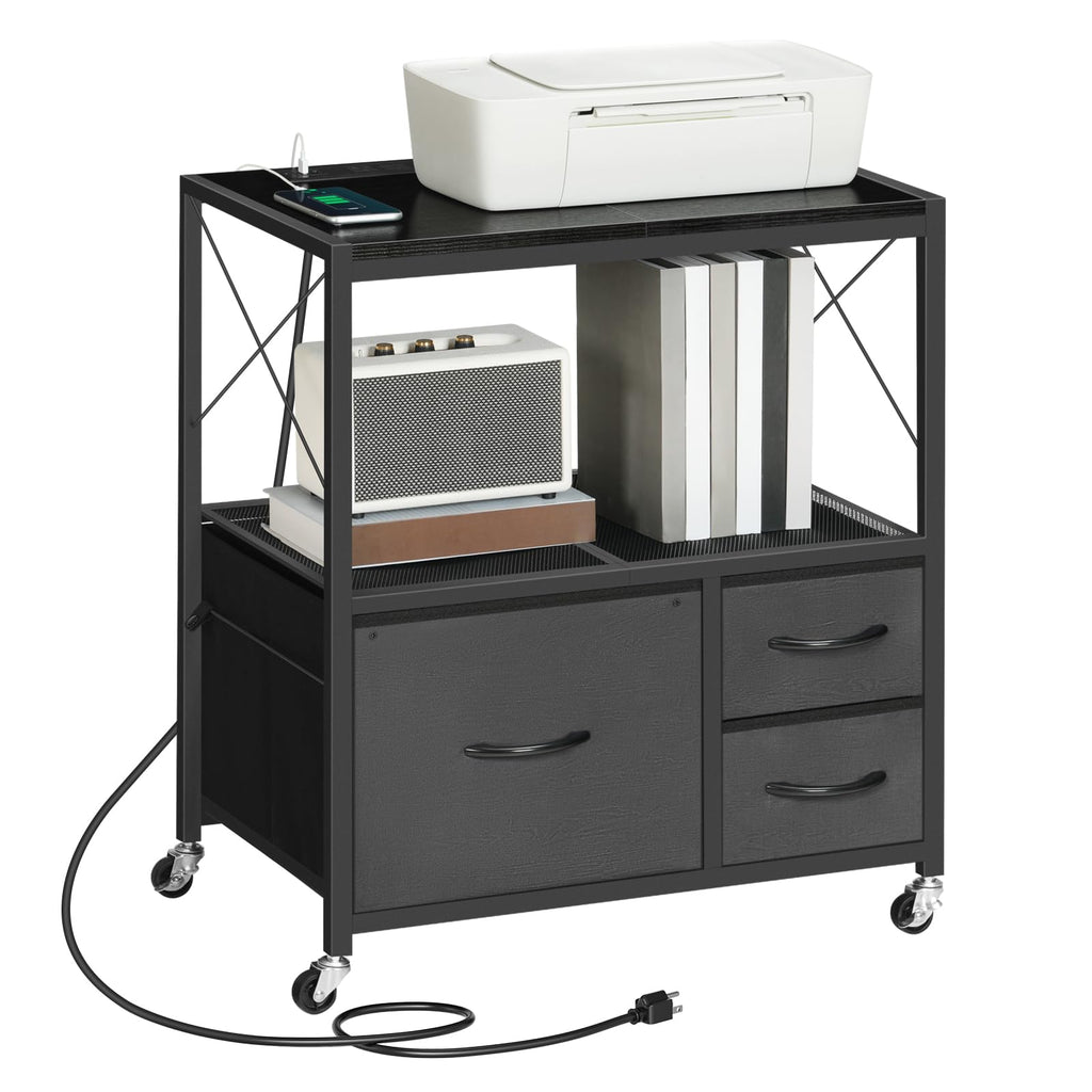 Black 3 Drawer File Cabinet with Charging Station P3358