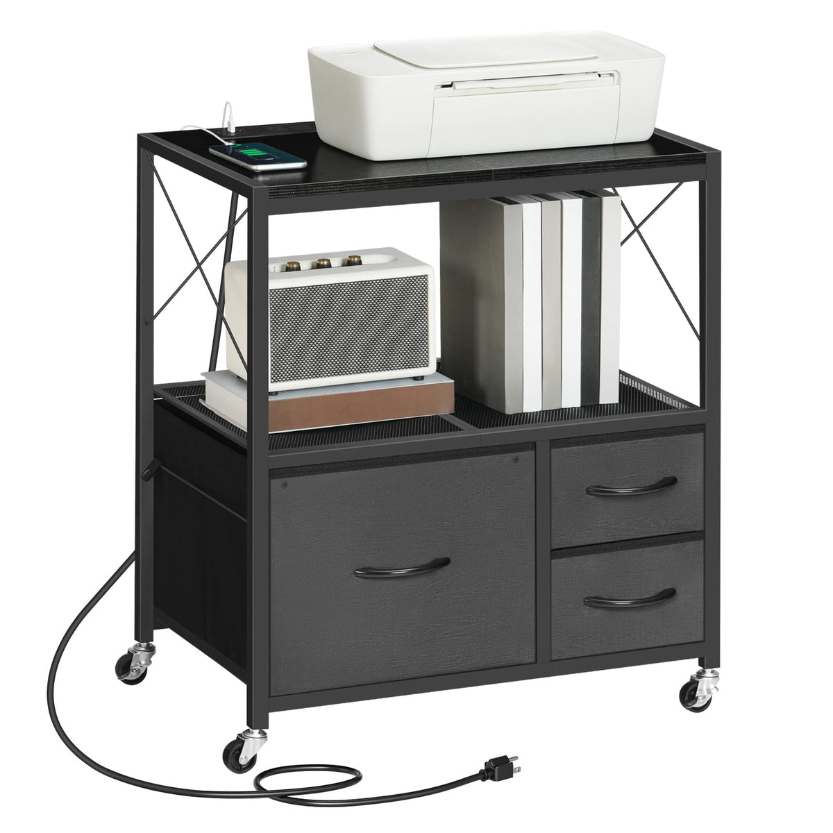 Black 3 Drawer File Cabinet with Charging Station P3358