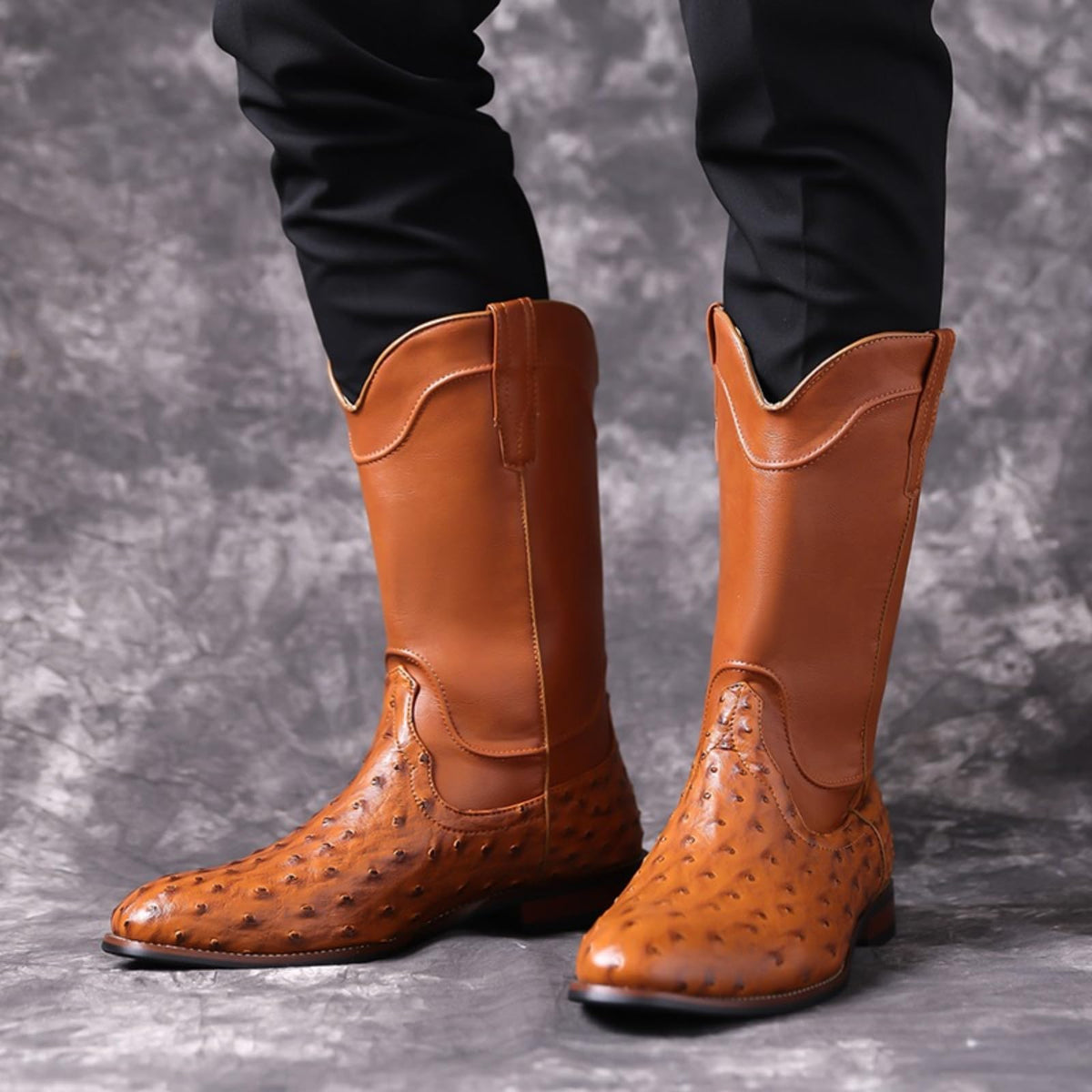 Men's Ostrich Pattern Leather Western Cowboy Boots E46300