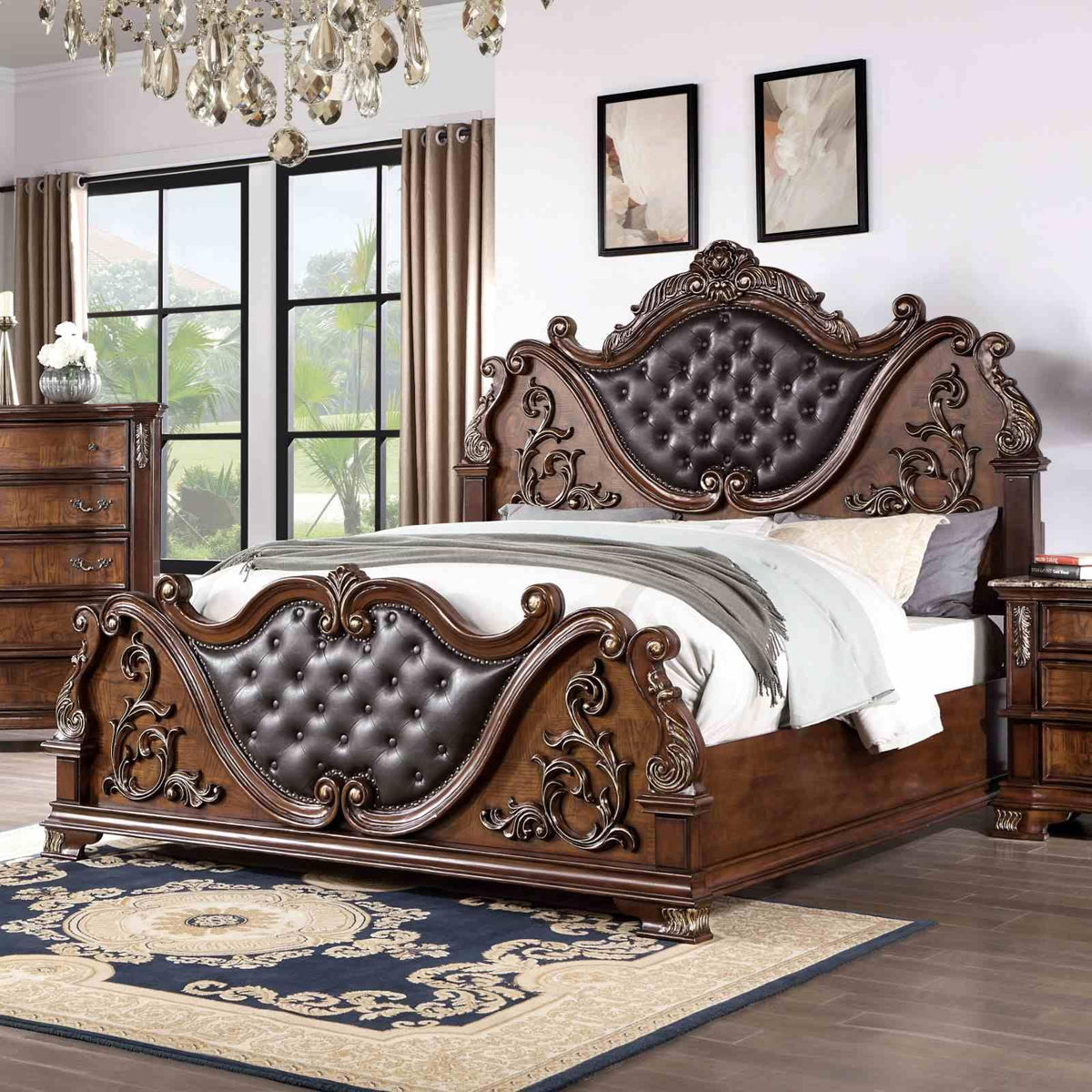 Brown Cherry California King Size Tufted Leatherette Bed H931