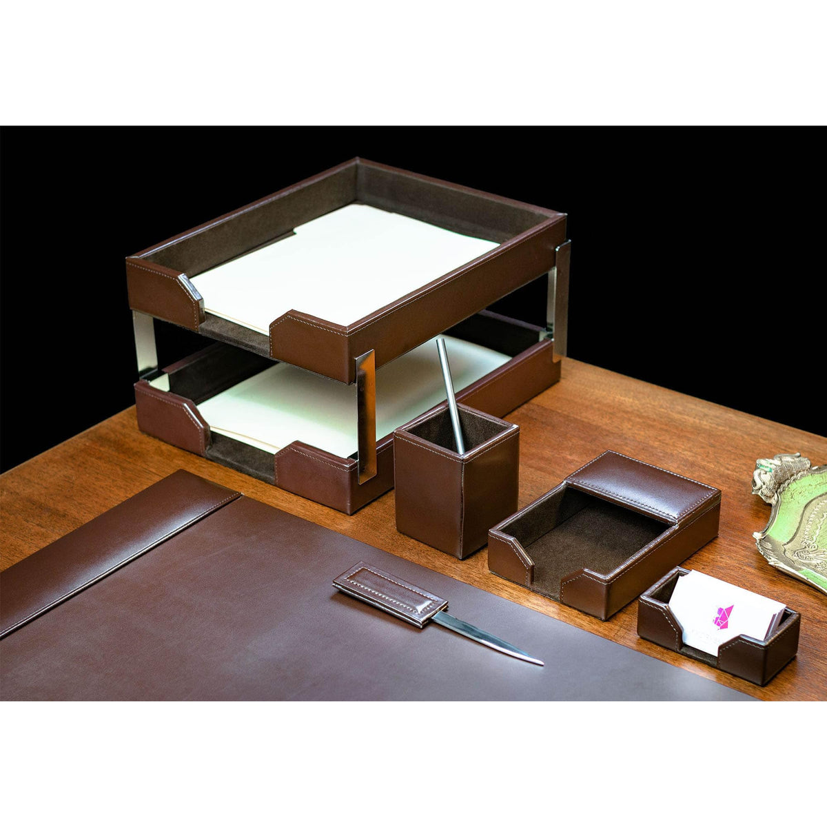 Dark Brown Bonded Leather 8-Piece Desk Accessory Set G16016