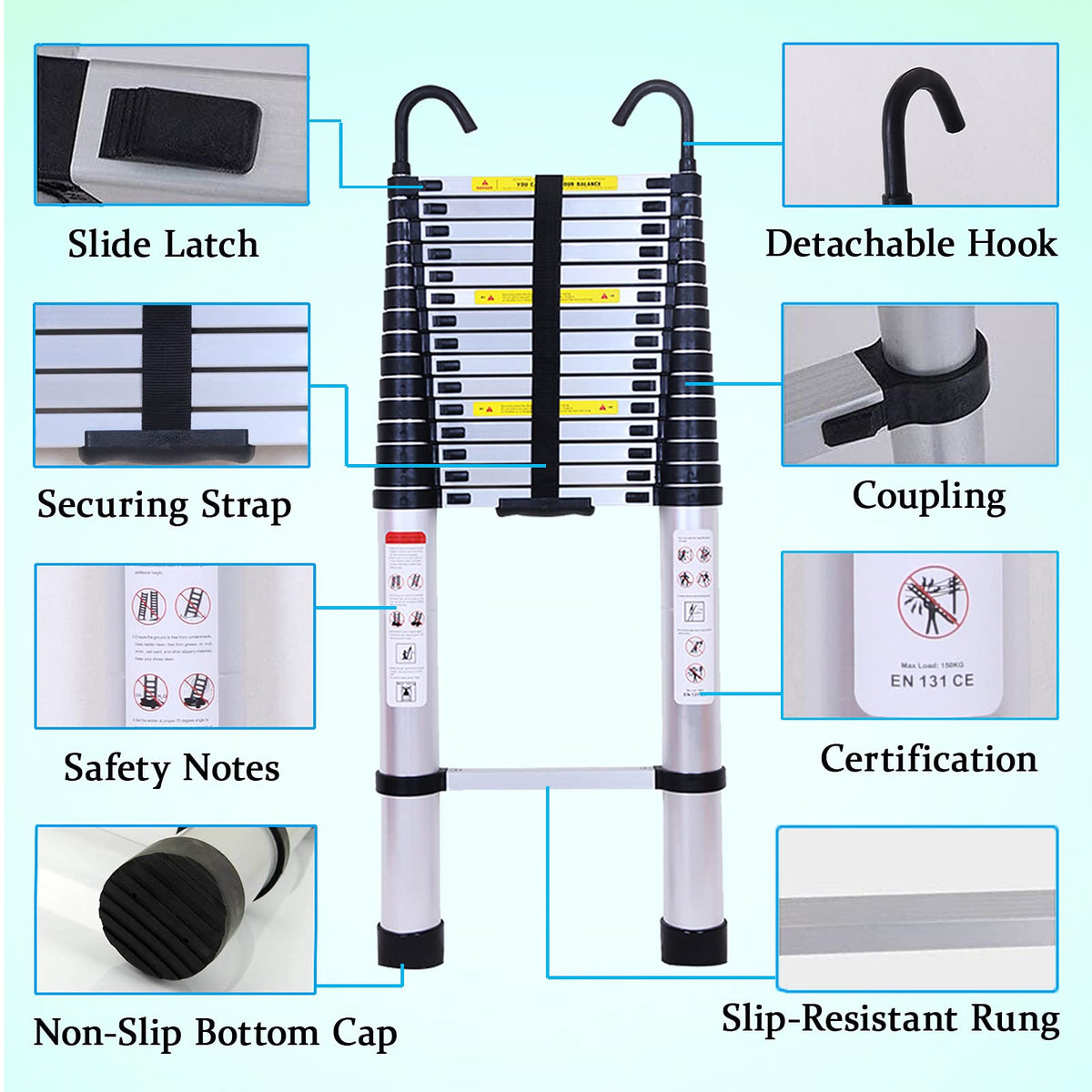 Collapsible Telescoping Ladder 20.5FT Aluminum Lightweight 330LB Capacity R890