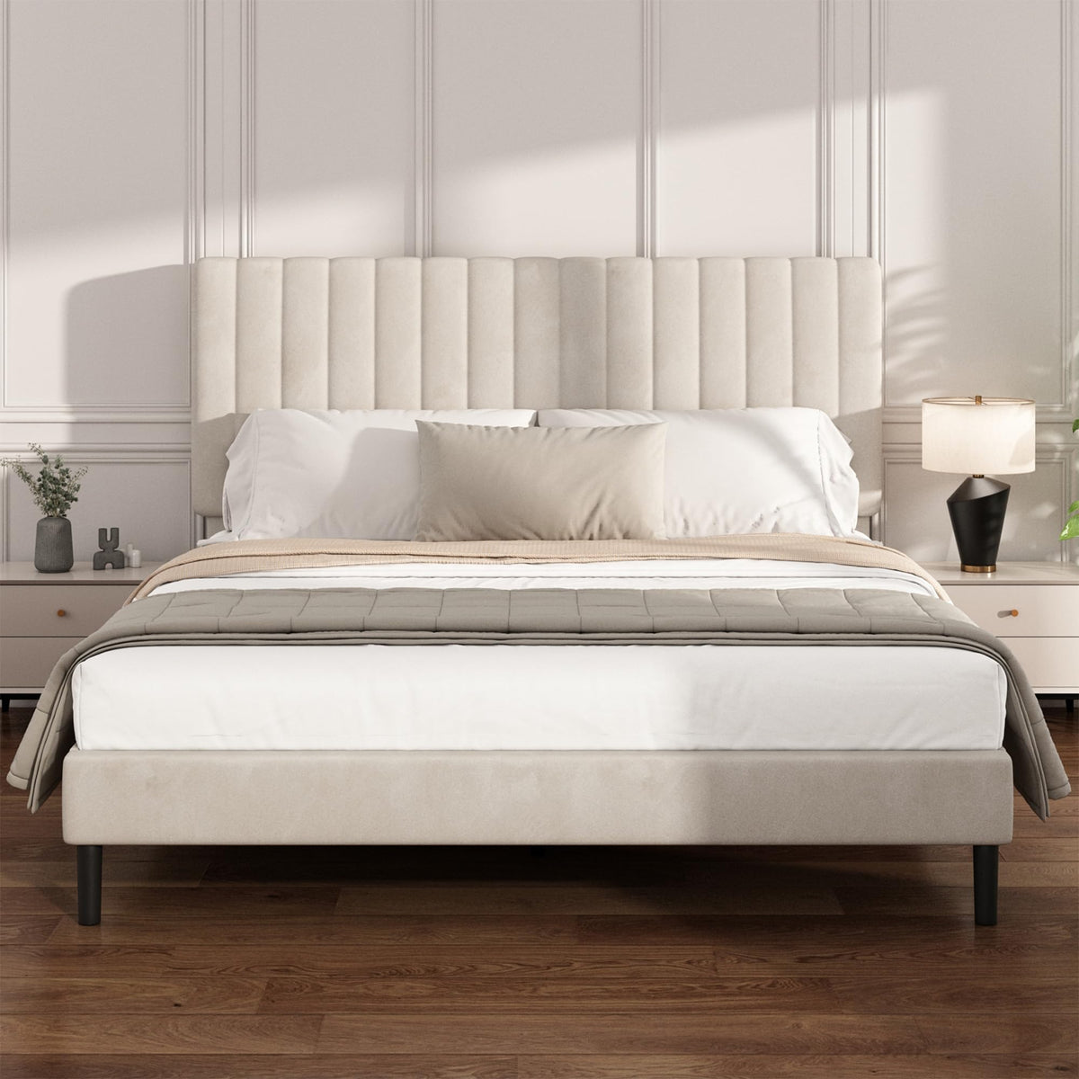 Beige Queen Velvet Bed Frame K53724