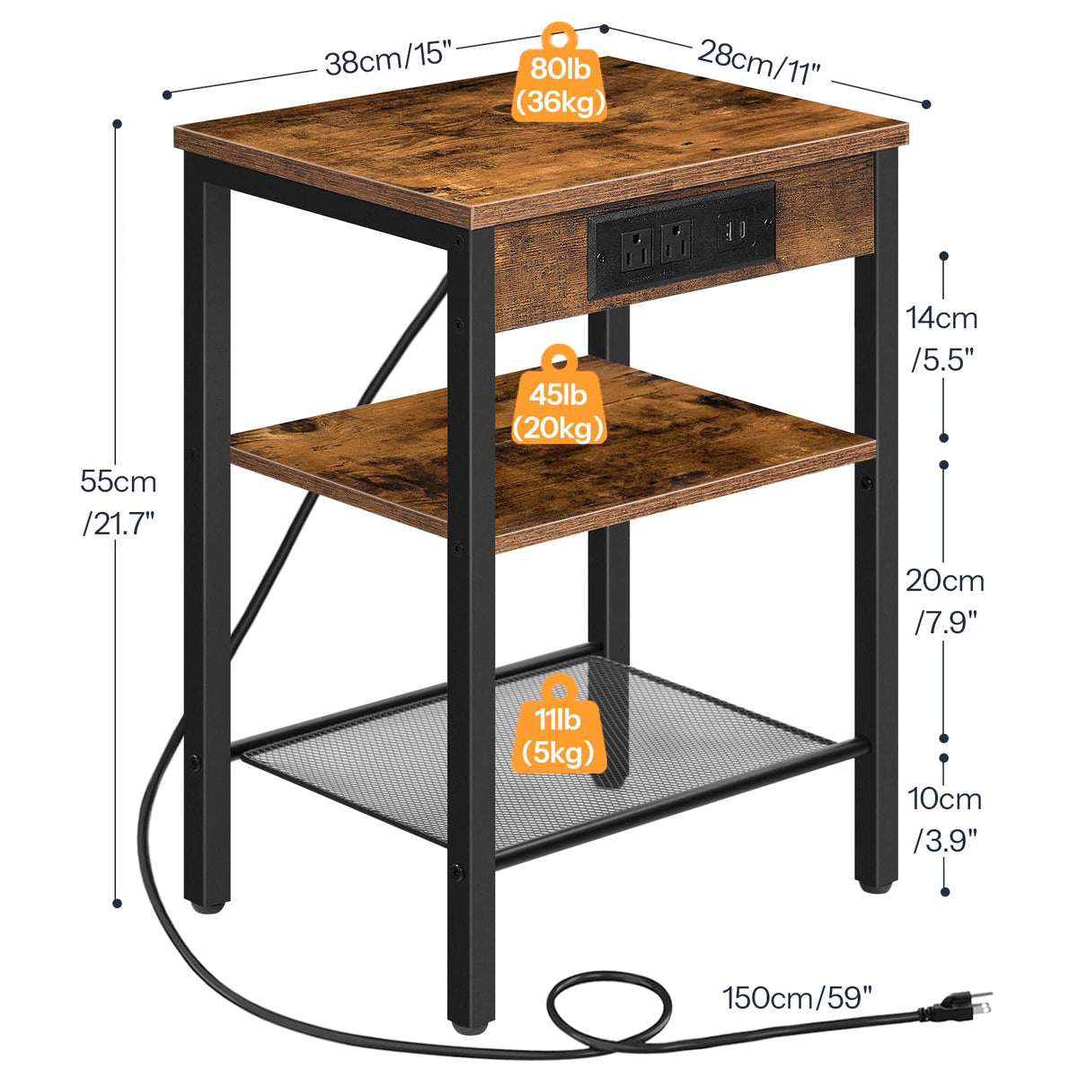 Side Table with Charging Station and USB Port, 3-Tier Nightstand with Adjustable Shelf, Rustic Brown I665