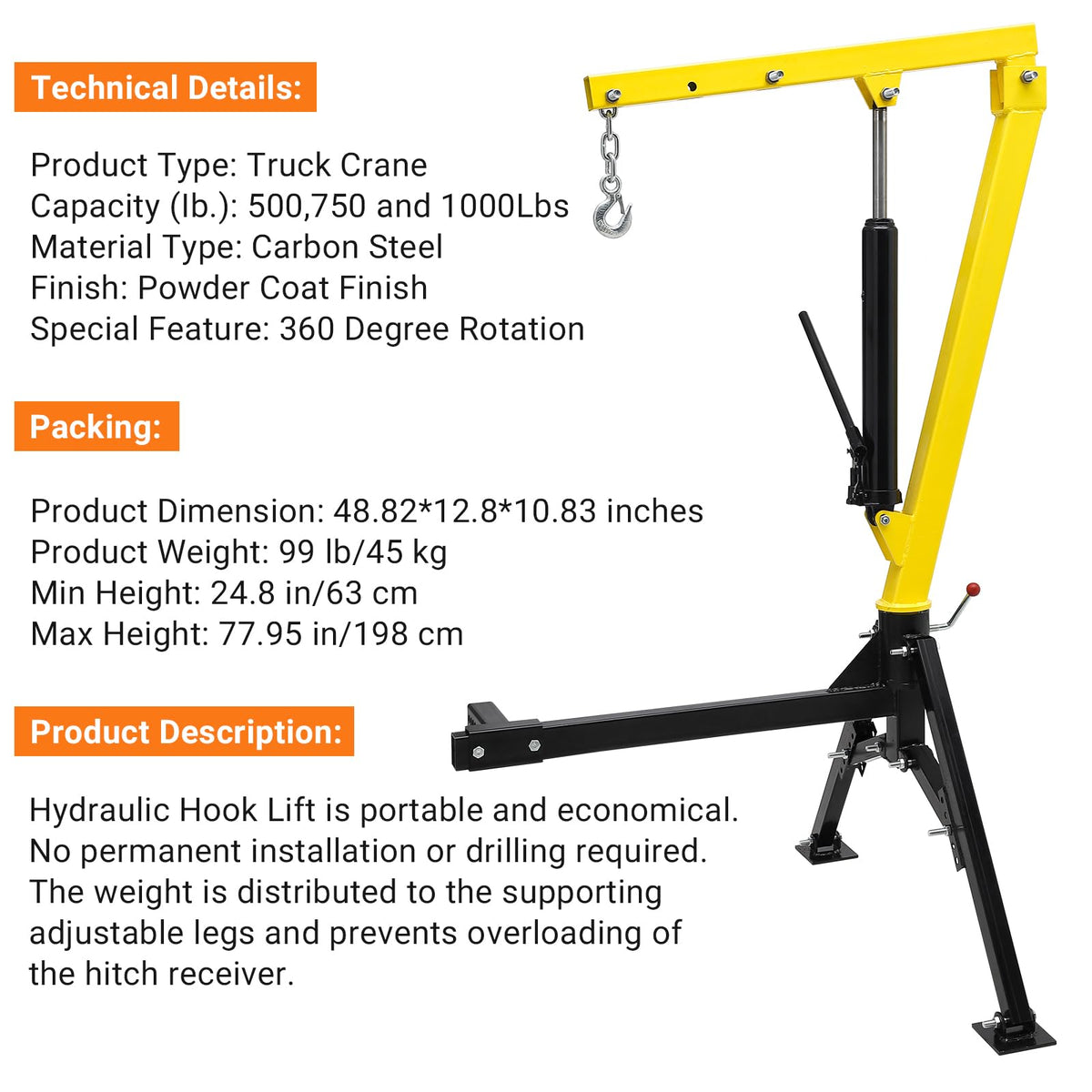 Hydraulic 1000Lbs Hitch-Mounted 360° Swivel Pickup Truck Crane K261475