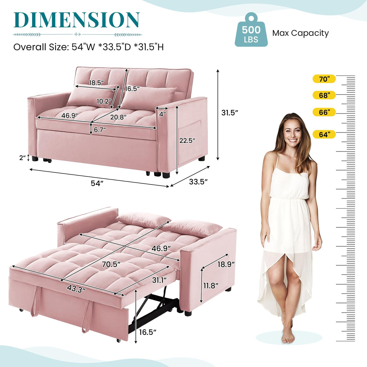 Pink Velvet Convertible Sleeper Sofa Bed P2364