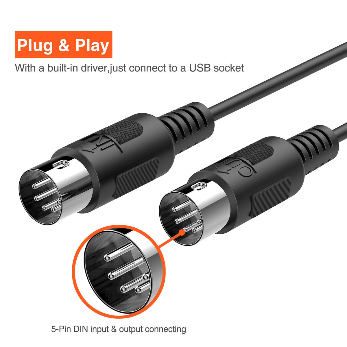 USB MIDI Cable 6.5Ft with Input & Output J1931