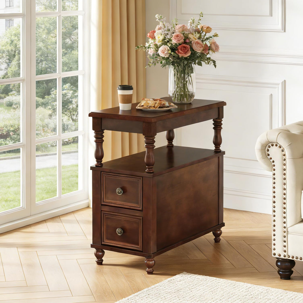 Solid Wood End Table with 2 Drawers and 2-Tier Open Shelf I958800