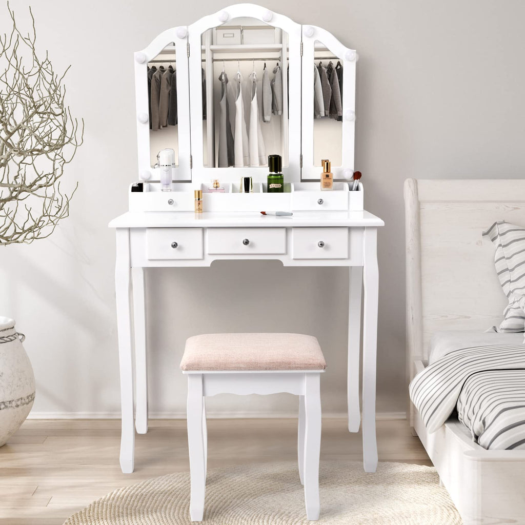 White Makeup Vanity Desk with Mirror and Chair B312395