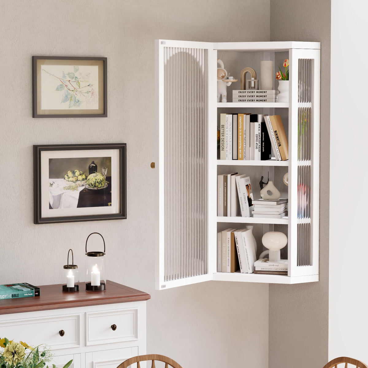 White Metal Corner Wall Cabinet with Glass Doors and Shelves N6426