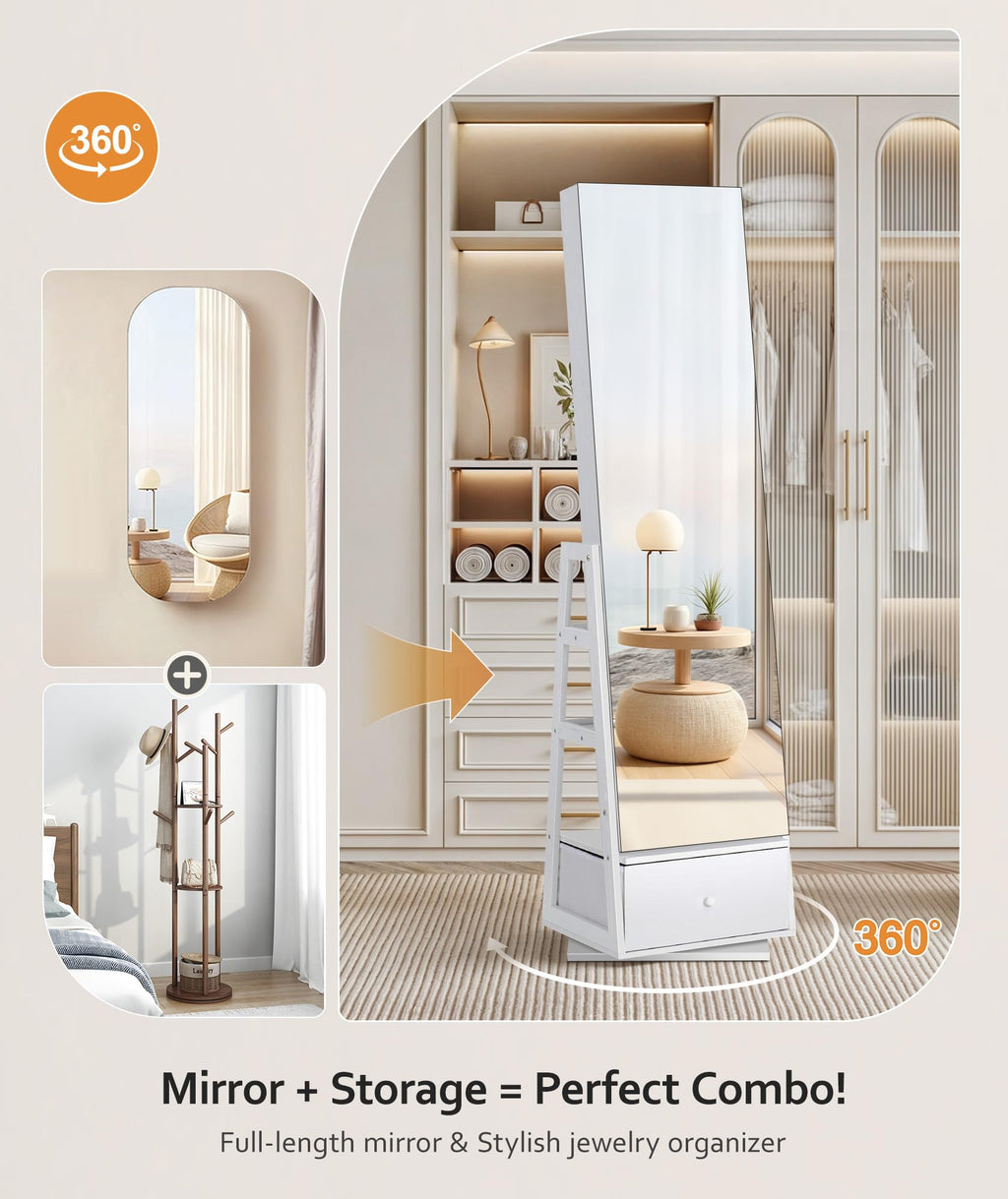 360° Swivel Lockable Jewelry Cabinet with Full Length Mirror J33654