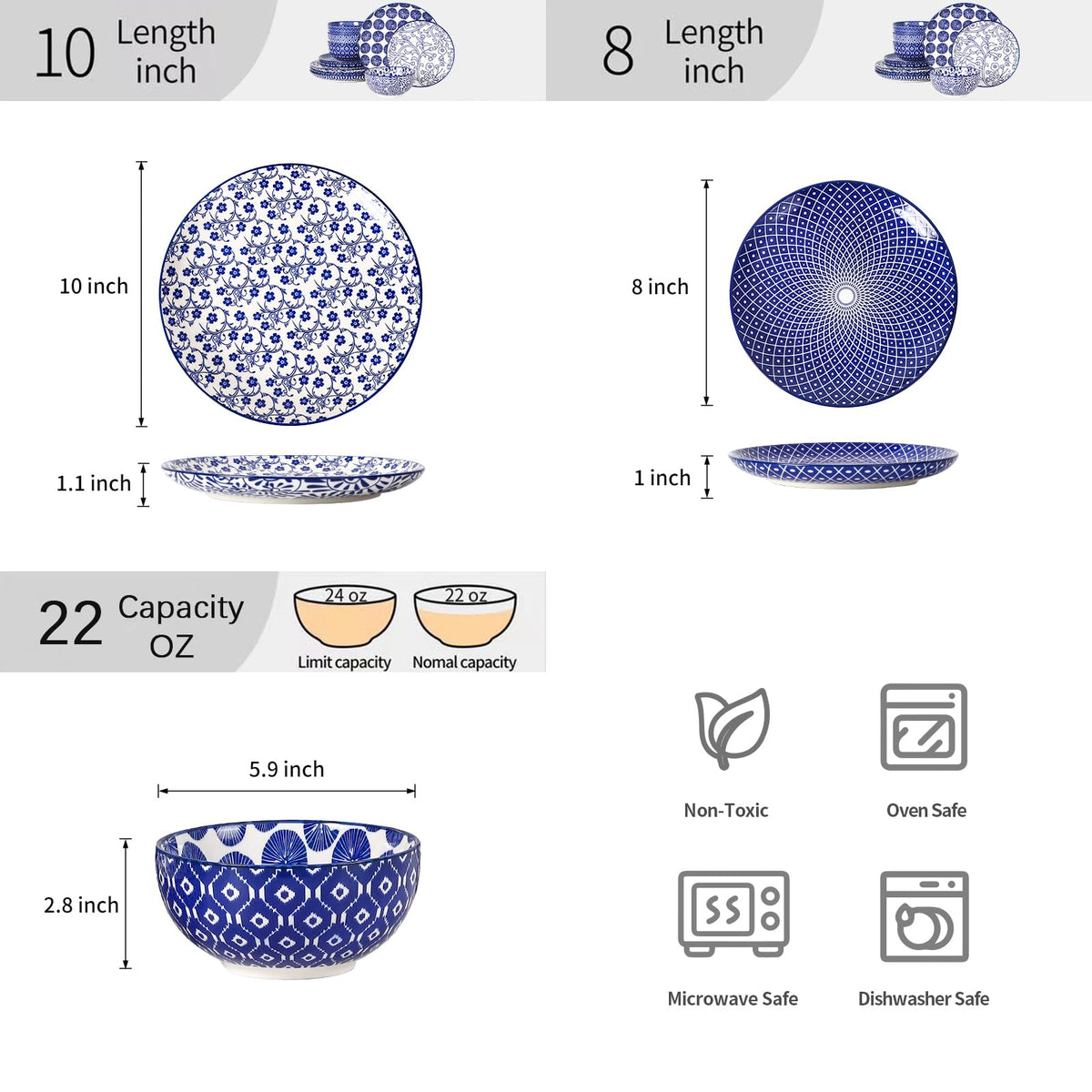 Ceramic Plates and Bowls Set, 12 Pieces Dinnerware Set for 4 U396627