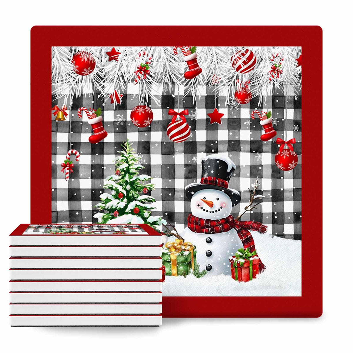 Ceramic Stone Coasters Set of 8 Black White Plaid Absorbent Non Slip W247