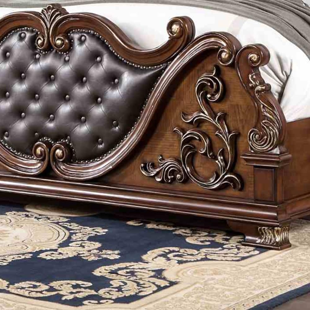 Brown Cherry California King Size Tufted Leatherette Bed H931