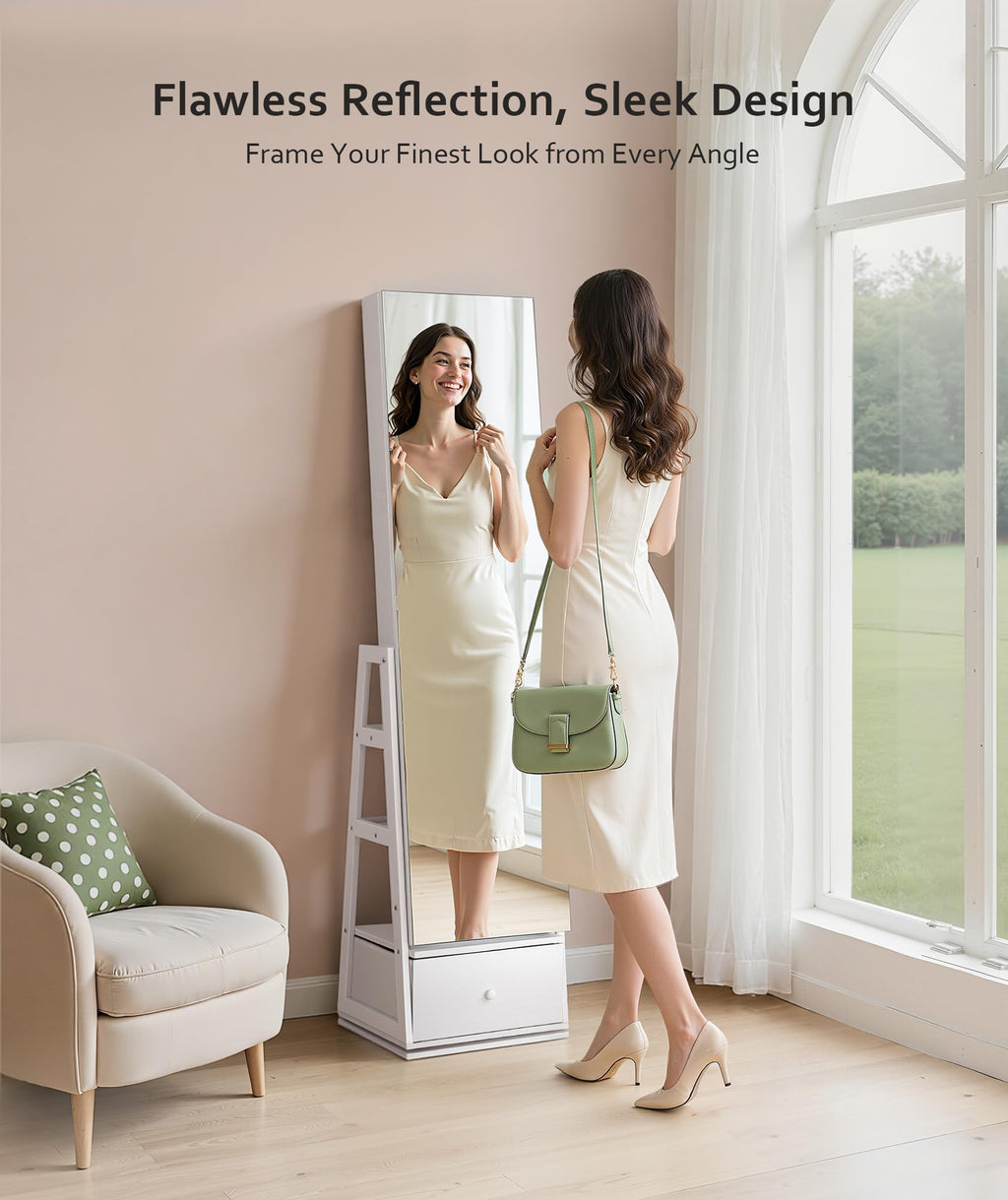 360° Swivel Lockable Jewelry Cabinet with Full Length Mirror J33654