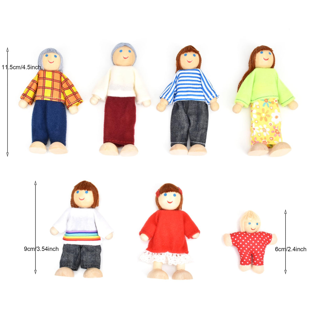 Wooden Dollhouse Dolls Family Set of 7 Miniature Figures and 2 Pets P919