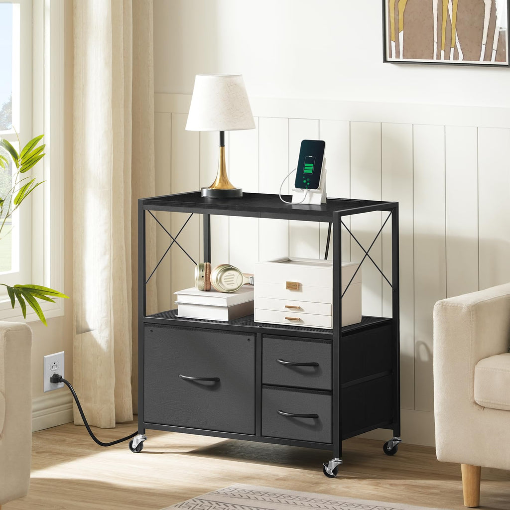 Black 3 Drawer File Cabinet with Charging Station P3358