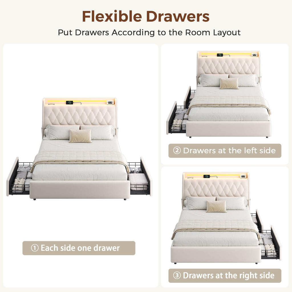 Beige Velvet Upholstered Platform Bed Frame with 2 Storage Drawers C459260