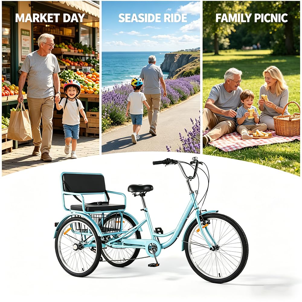 24" 7-Speed Heavy-Duty Steel Adult Tricycle with Rear Seat & Basket V268
