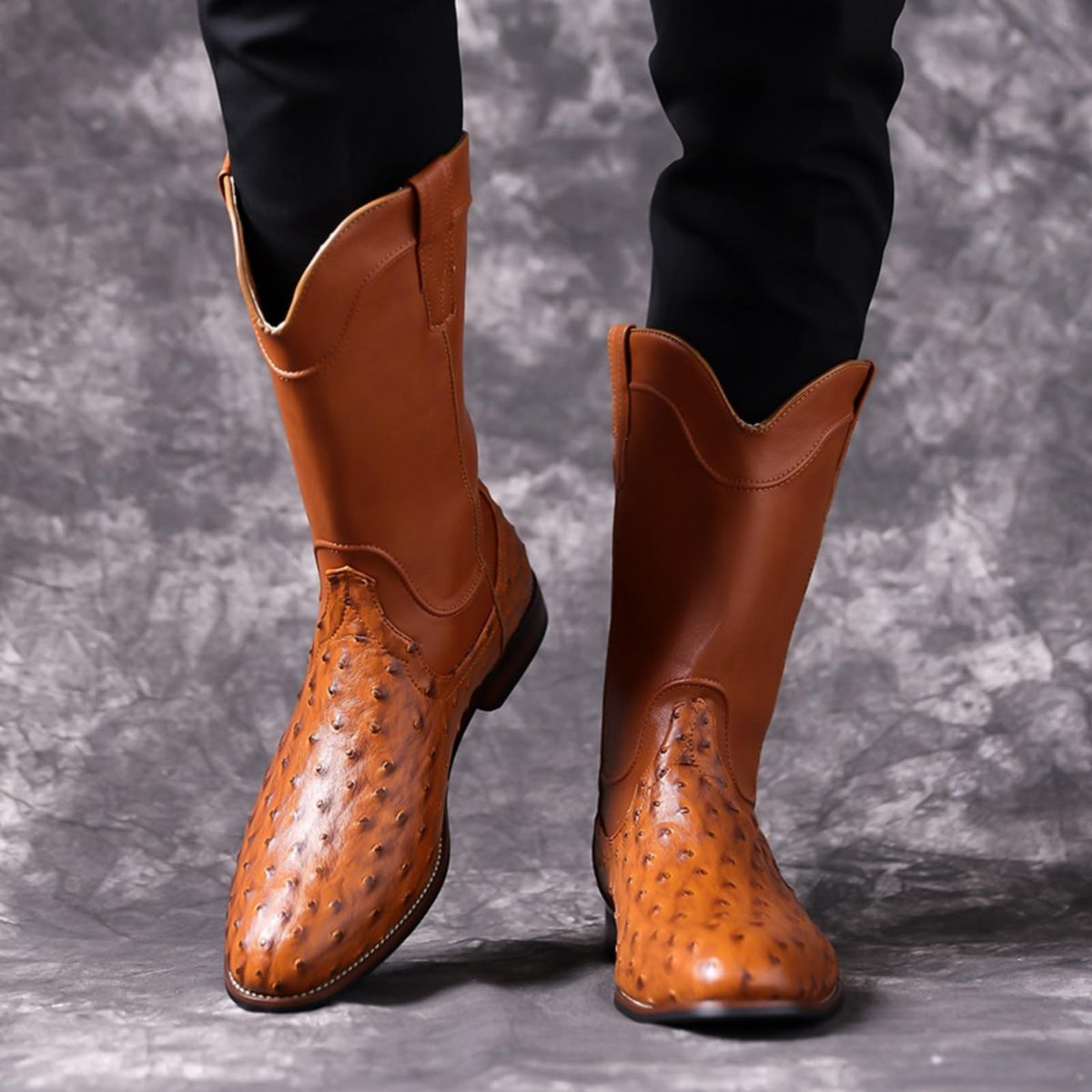 Men's Ostrich Pattern Leather Western Cowboy Boots E46300