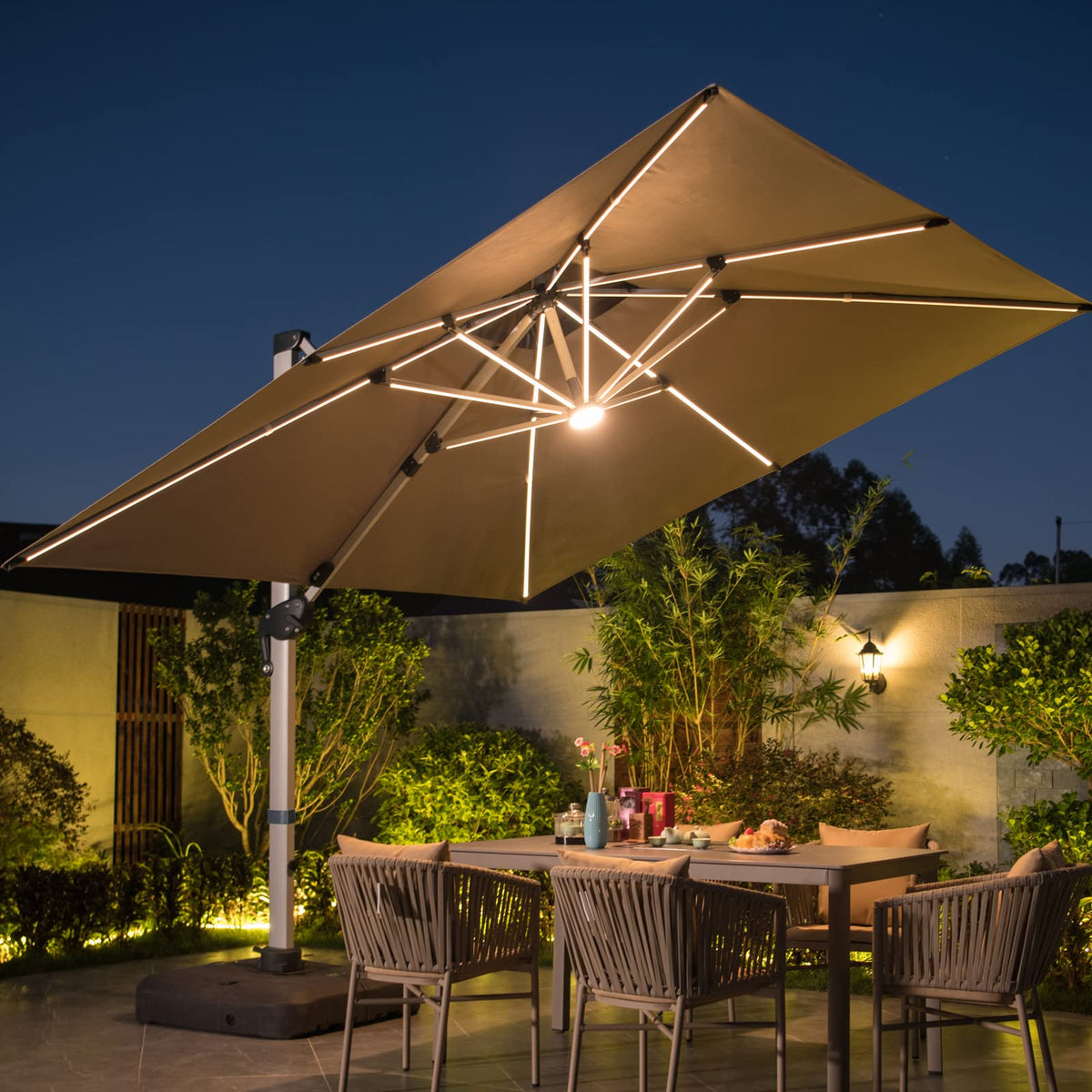 10 FT Square Cantilever Patio Umbrella with Solar LED Lights and Cross Base, Khaki E4312
