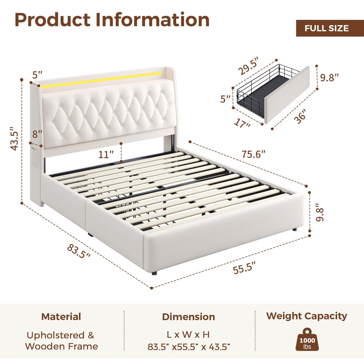 Beige Velvet Upholstered Platform Bed Frame with 2 Storage Drawers C459260