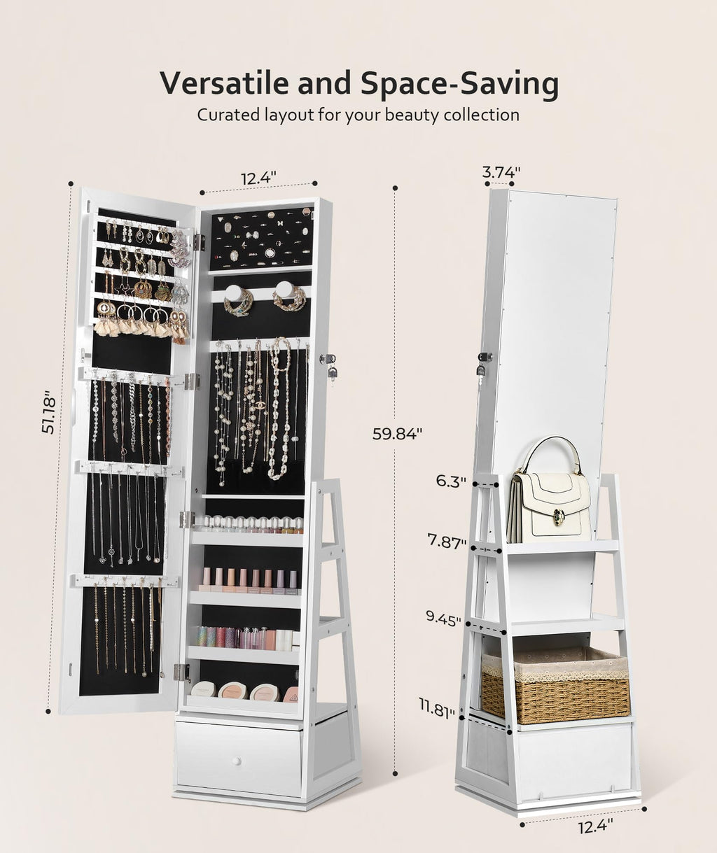 360° Swivel Lockable Jewelry Cabinet with Full Length Mirror J33654