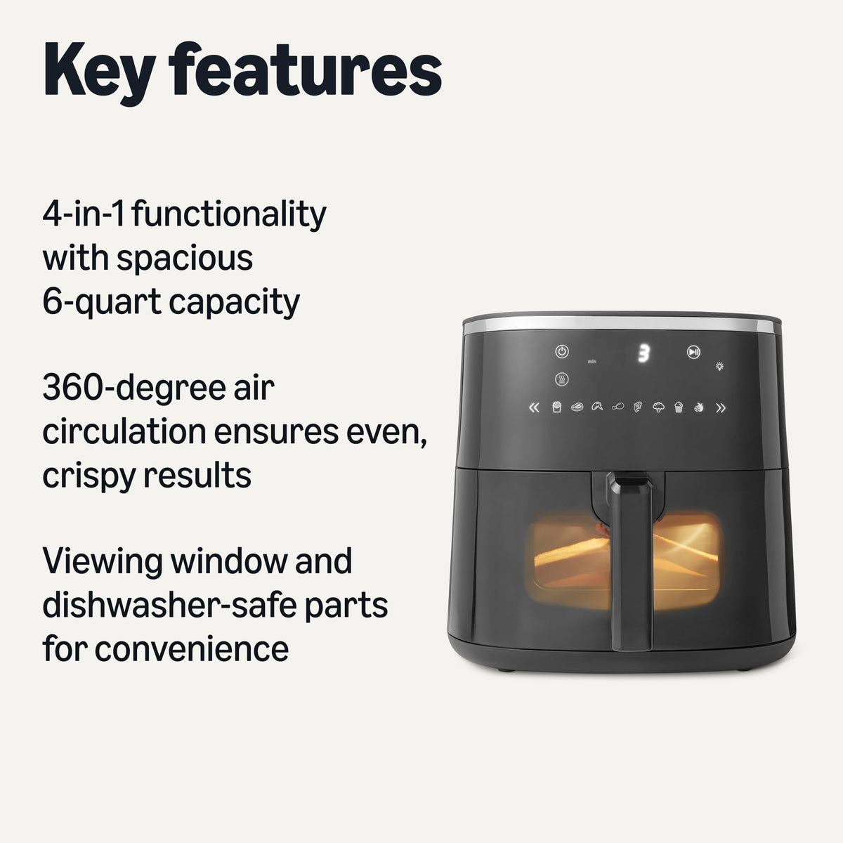 6-Quart Digital Air Fryer with Easy View Window, Black J3585