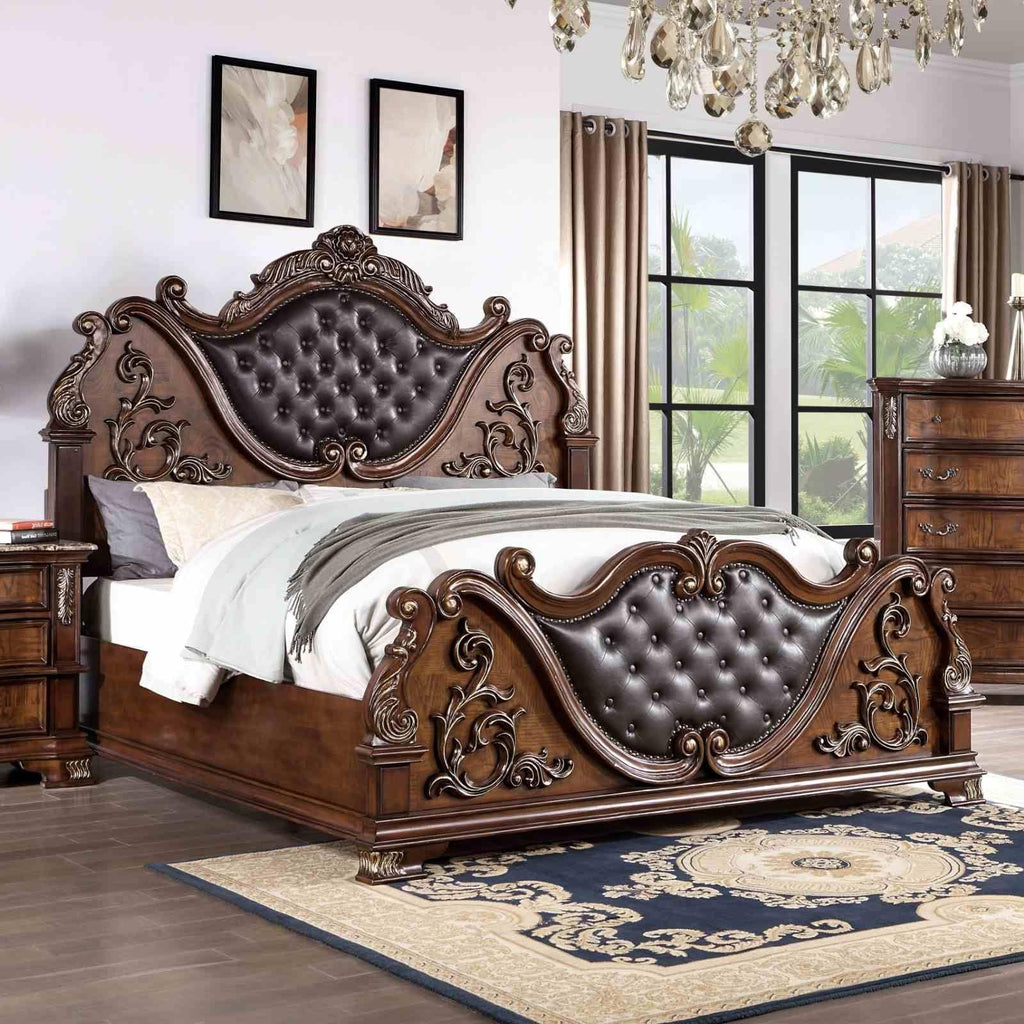 Brown Cherry California King Size Tufted Leatherette Bed H931