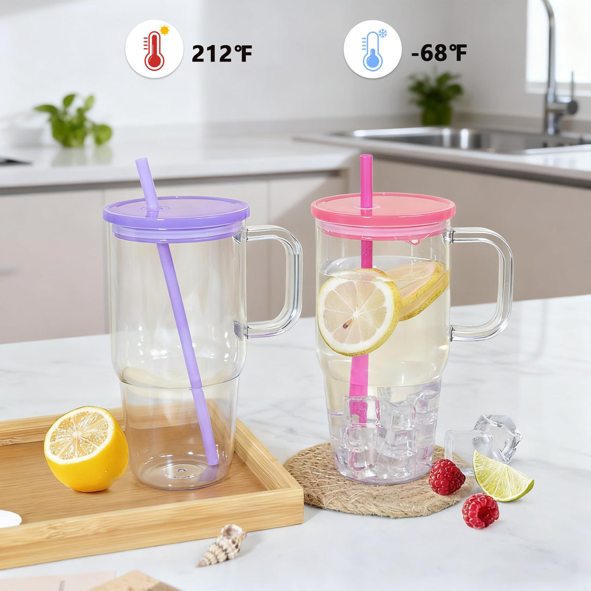 20oz 2Pack Clear Plastic Tumbler with Handle Lid and Straw C350019