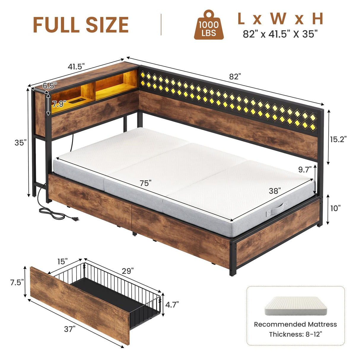 Twin Corner Bed Frame with Mattress and 2 Storage Drawers Q280309