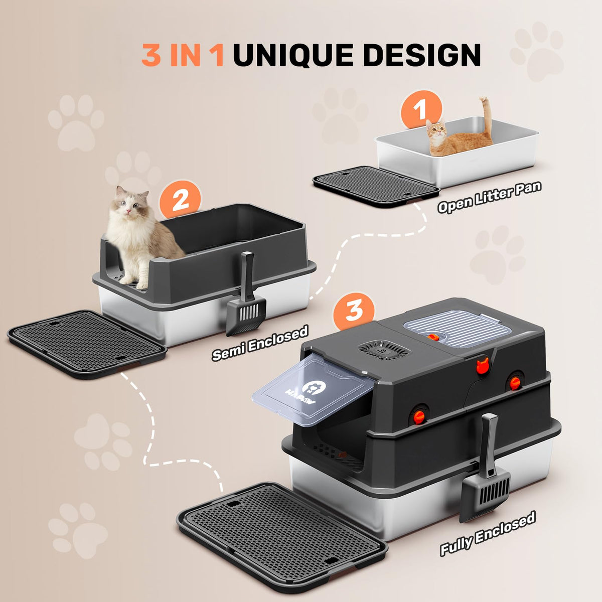 Stainless Steel Enclosed Litter Box with Lid, Scoop & Pedal, Black W752